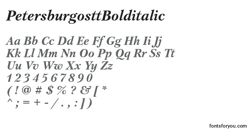 A fonte PetersburgosttBolditalic – alfabeto, números, caracteres especiais