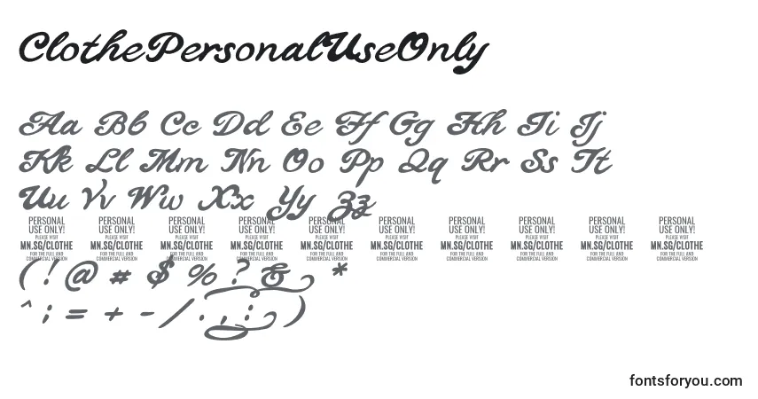 Czcionka ClothePersonalUseOnly – alfabet, cyfry, specjalne znaki