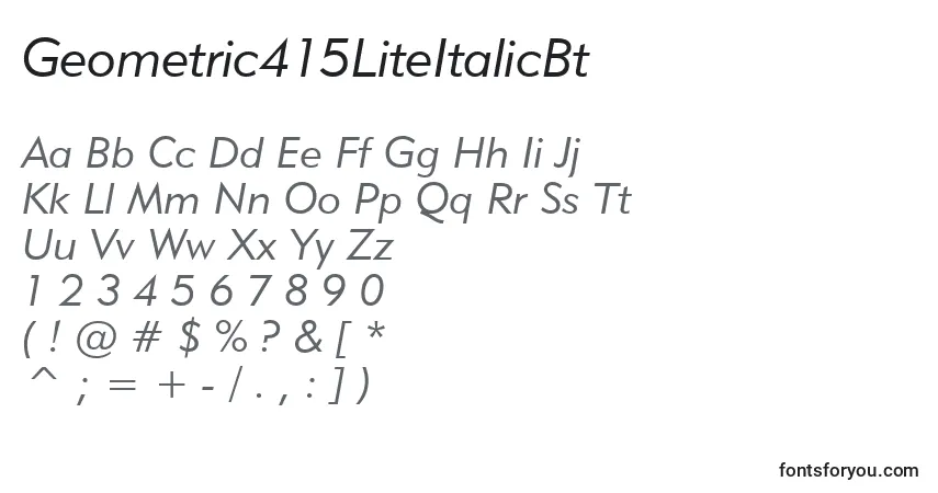 Шрифт Geometric415LiteItalicBt – алфавит, цифры, специальные символы