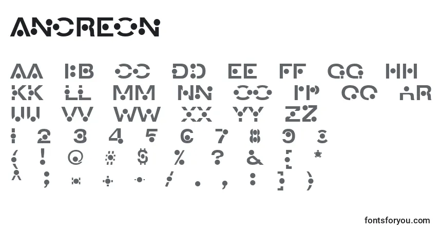 A fonte Ancreon – alfabeto, números, caracteres especiais