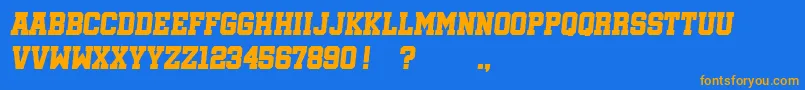 フォントSoccerleagueItalic – オレンジ色の文字が青い背景にあります。
