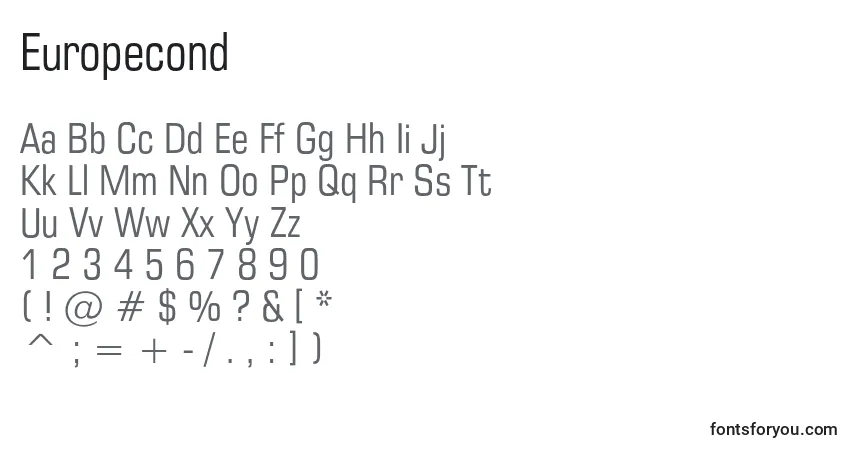A fonte Europecond – alfabeto, números, caracteres especiais