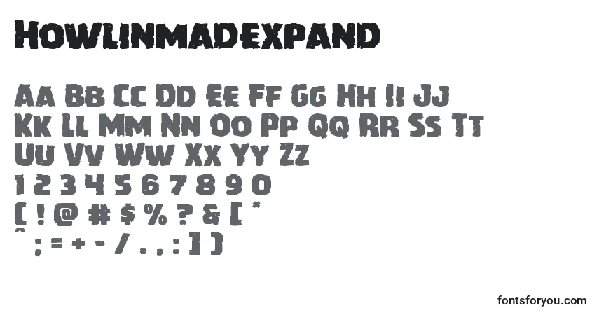 Schriftart Howlinmadexpand – Alphabet, Zahlen, spezielle Symbole