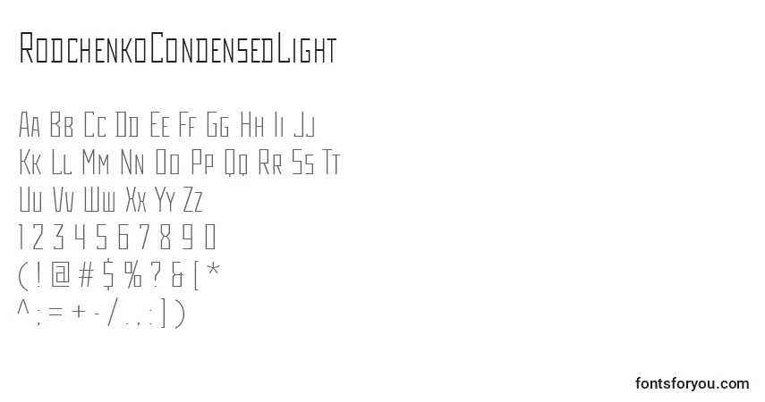 Czcionka RodchenkoCondensedLight – alfabet, cyfry, specjalne znaki