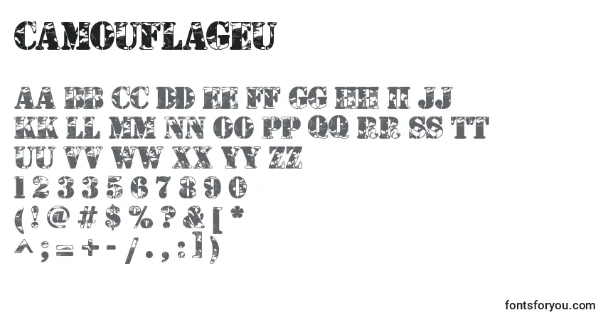 Schriftart Camouflageu – Alphabet, Zahlen, spezielle Symbole