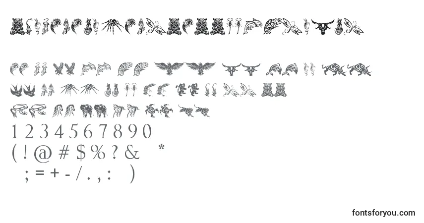 Schriftart TribalAnimalsTattooDesigns – Alphabet, Zahlen, spezielle Symbole