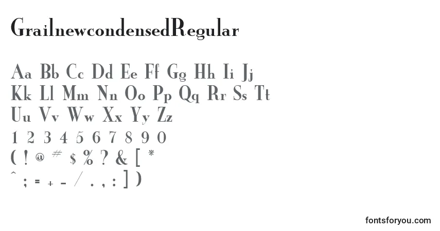 A fonte GrailnewcondensedRegular – alfabeto, números, caracteres especiais