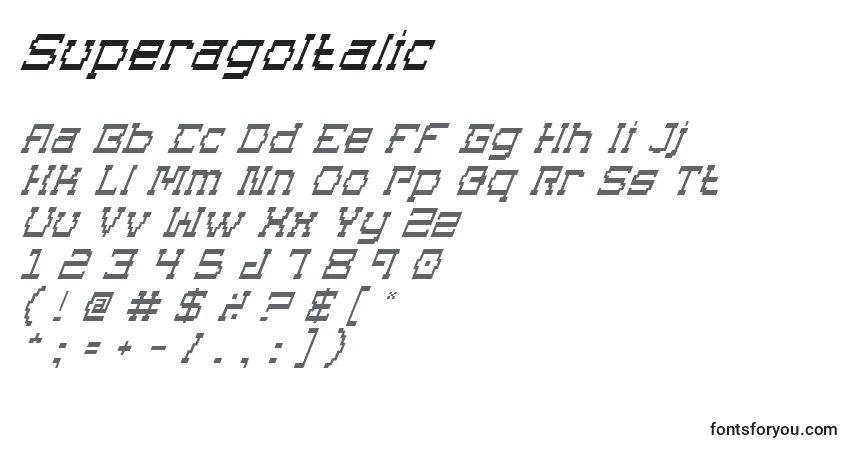 Schriftart SuperagoItalic – Alphabet, Zahlen, spezielle Symbole