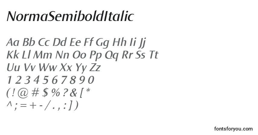 Schriftart NormaSemiboldItalic – Alphabet, Zahlen, spezielle Symbole