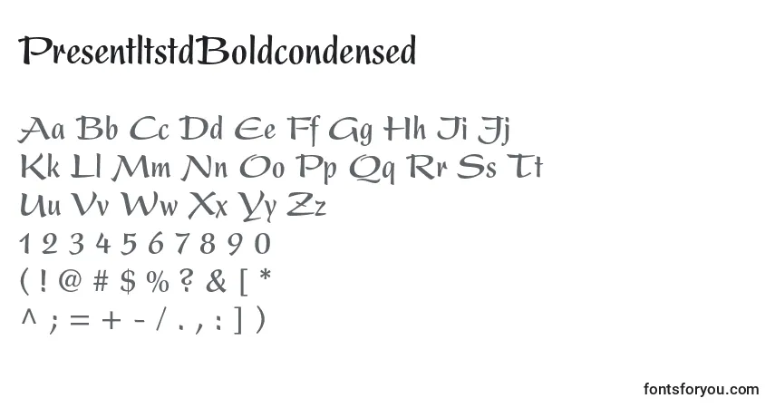A fonte PresentltstdBoldcondensed – alfabeto, números, caracteres especiais