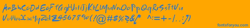 BrushScriptMtРљСѓСЂСЃРёРІ-Schriftart – Blaue Schriften auf orangefarbenem Hintergrund