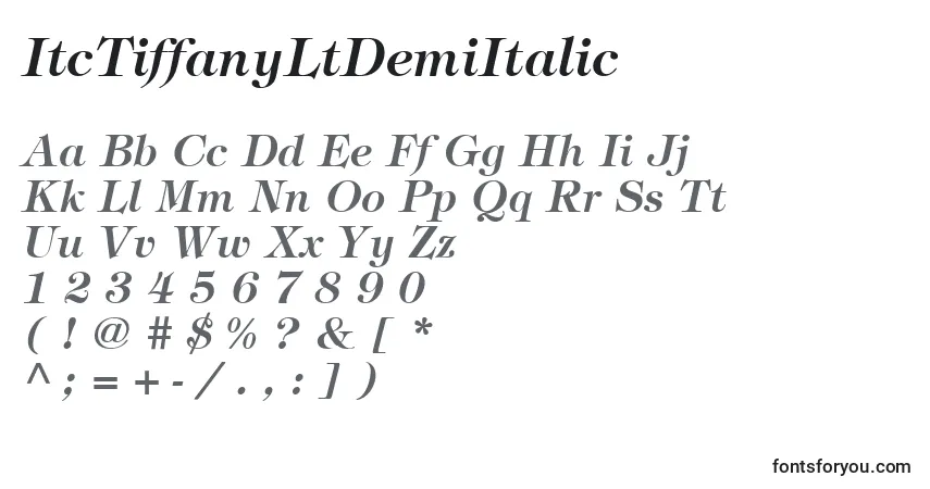 A fonte ItcTiffanyLtDemiItalic – alfabeto, números, caracteres especiais