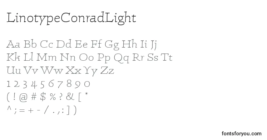 A fonte LinotypeConradLight – alfabeto, números, caracteres especiais