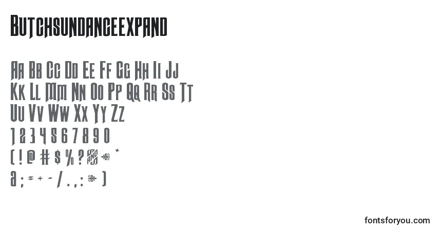Czcionka Butchsundanceexpand – alfabet, cyfry, specjalne znaki