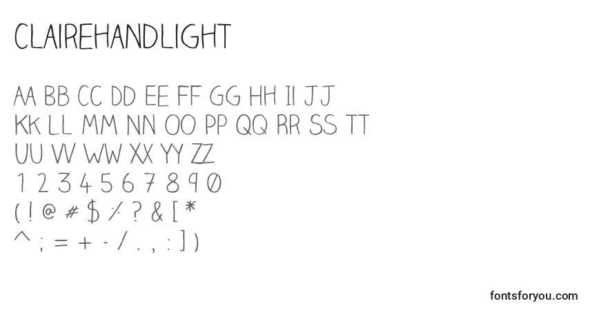 A fonte Clairehandlight (77364) – alfabeto, números, caracteres especiais