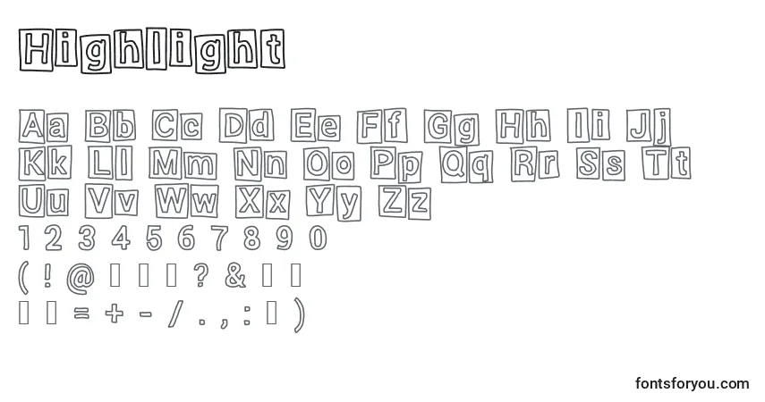 Czcionka Highlight – alfabet, cyfry, specjalne znaki