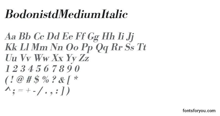 Шрифт BodonistdMediumItalic – алфавит, цифры, специальные символы