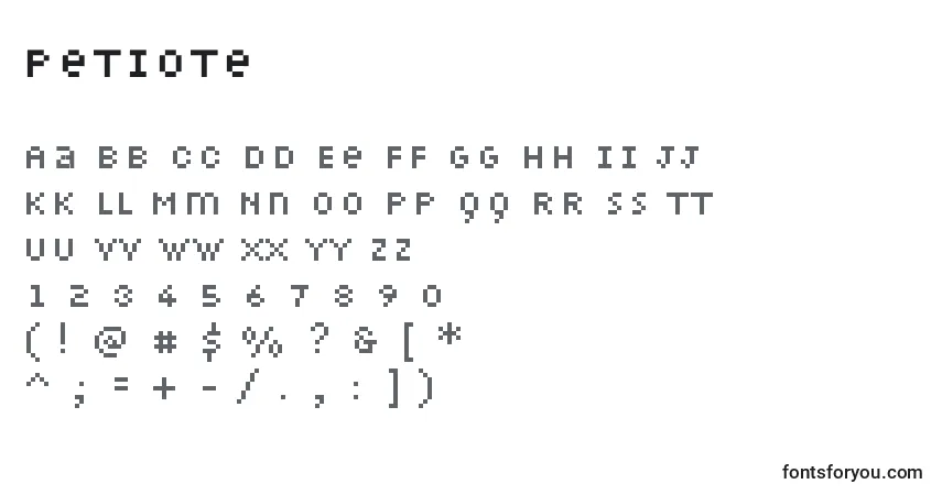 A fonte Petiote – alfabeto, números, caracteres especiais