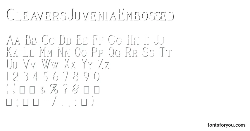 Шрифт CleaversJuveniaEmbossed – алфавит, цифры, специальные символы