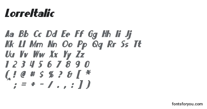 Schriftart LorreItalic – Alphabet, Zahlen, spezielle Symbole