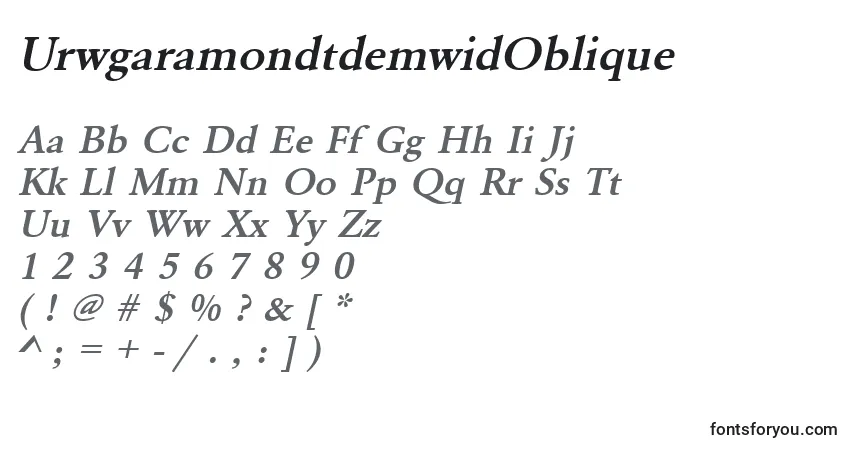 Czcionka UrwgaramondtdemwidOblique – alfabet, cyfry, specjalne znaki