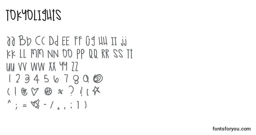 Czcionka Tokyolights – alfabet, cyfry, specjalne znaki