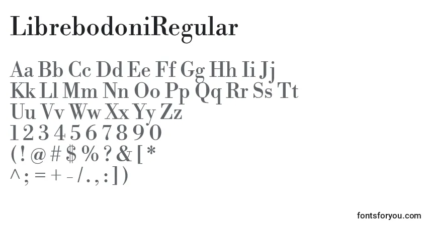 A fonte LibrebodoniRegular (77429) – alfabeto, números, caracteres especiais