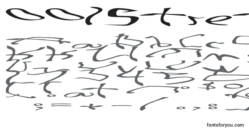 Czcionka 001StretchedStrungVeryWide – alfabet, cyfry, specjalne znaki