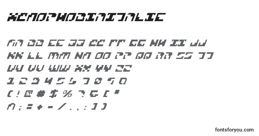 Шрифт XenophobiaItalic – алфавит, цифры, специальные символы