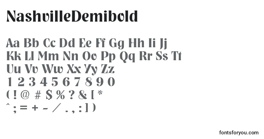 A fonte NashvilleDemibold – alfabeto, números, caracteres especiais