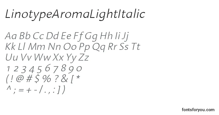Шрифт LinotypeAromaLightItalic – алфавит, цифры, специальные символы
