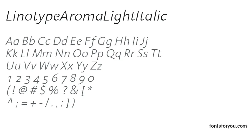 Czcionka LinotypeAromaLightItalic – alfabet, cyfry, specjalne znaki