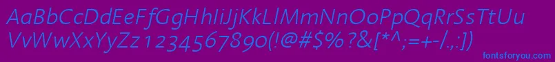 LinotypeAromaLightItalic-fontti – siniset fontit violetilla taustalla