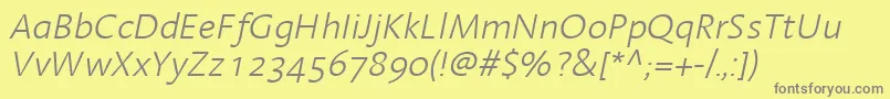 LinotypeAromaLightItalic-fontti – harmaat kirjasimet keltaisella taustalla