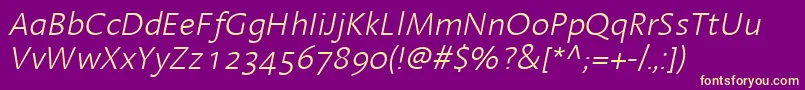 Fonte LinotypeAromaLightItalic – fontes amarelas em um fundo roxo