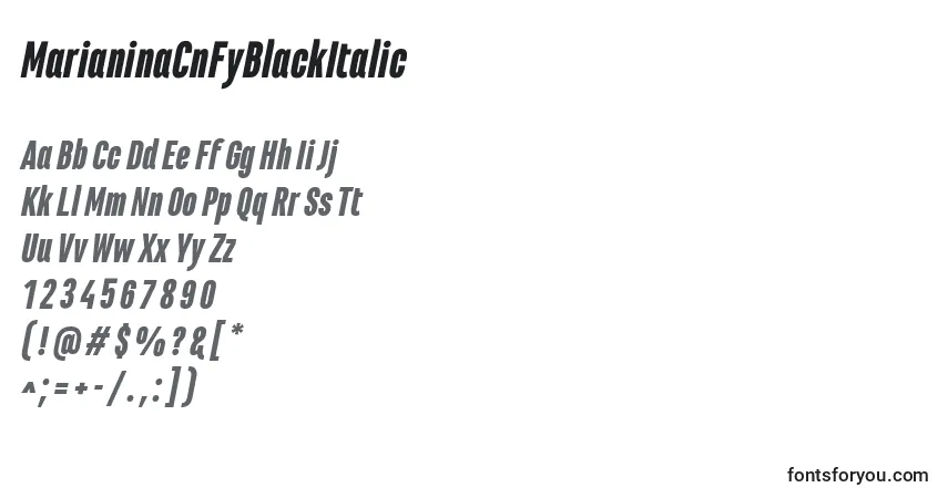 Czcionka MarianinaCnFyBlackItalic – alfabet, cyfry, specjalne znaki