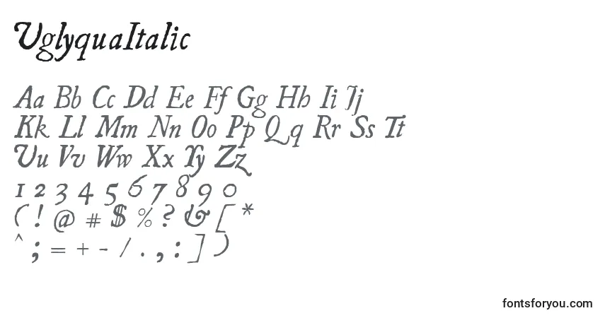 Schriftart UglyquaItalic – Alphabet, Zahlen, spezielle Symbole