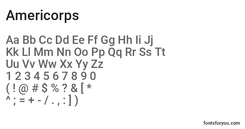 Czcionka Americorps – alfabet, cyfry, specjalne znaki