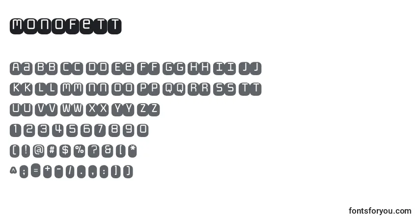 Czcionka Monofett – alfabet, cyfry, specjalne znaki