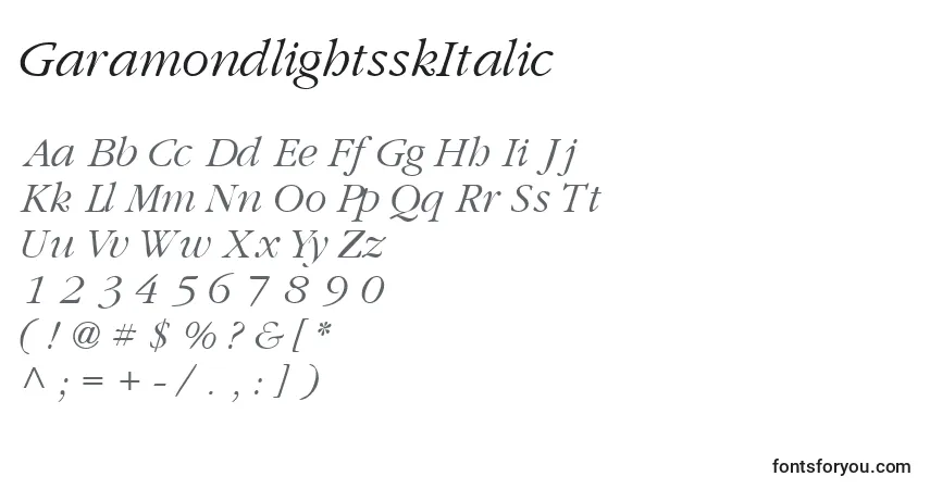Czcionka GaramondlightsskItalic – alfabet, cyfry, specjalne znaki