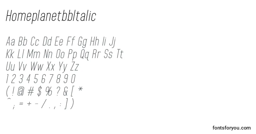 Czcionka HomeplanetbbItalic – alfabet, cyfry, specjalne znaki