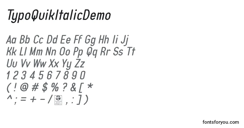 Schriftart TypoQuikItalicDemo – Alphabet, Zahlen, spezielle Symbole