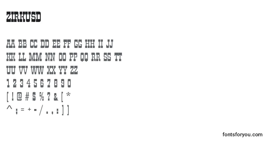 A fonte Zirkusd – alfabeto, números, caracteres especiais