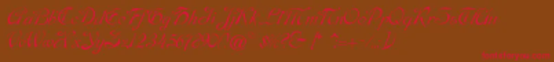 フォントDobkinscript – 赤い文字が茶色の背景にあります。