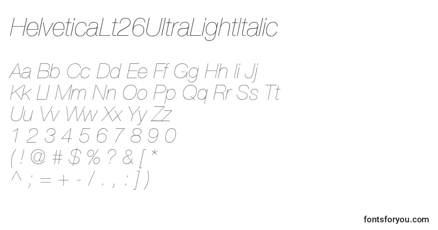 A fonte HelveticaLt26UltraLightItalic – alfabeto, números, caracteres especiais