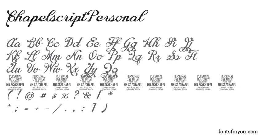 Czcionka ChapelscriptPersonal – alfabet, cyfry, specjalne znaki