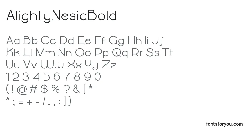 Schriftart AlightyNesiaBold – Alphabet, Zahlen, spezielle Symbole