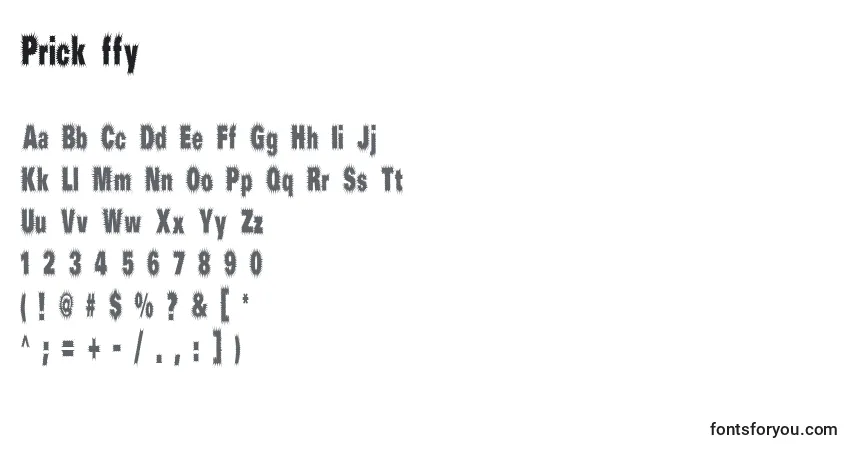 Czcionka Prick ffy – alfabet, cyfry, specjalne znaki