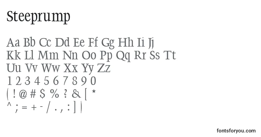 Czcionka Steeprump – alfabet, cyfry, specjalne znaki