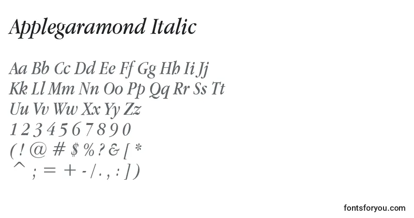 Applegaramond Italic-fontti – aakkoset, numerot, erikoismerkit